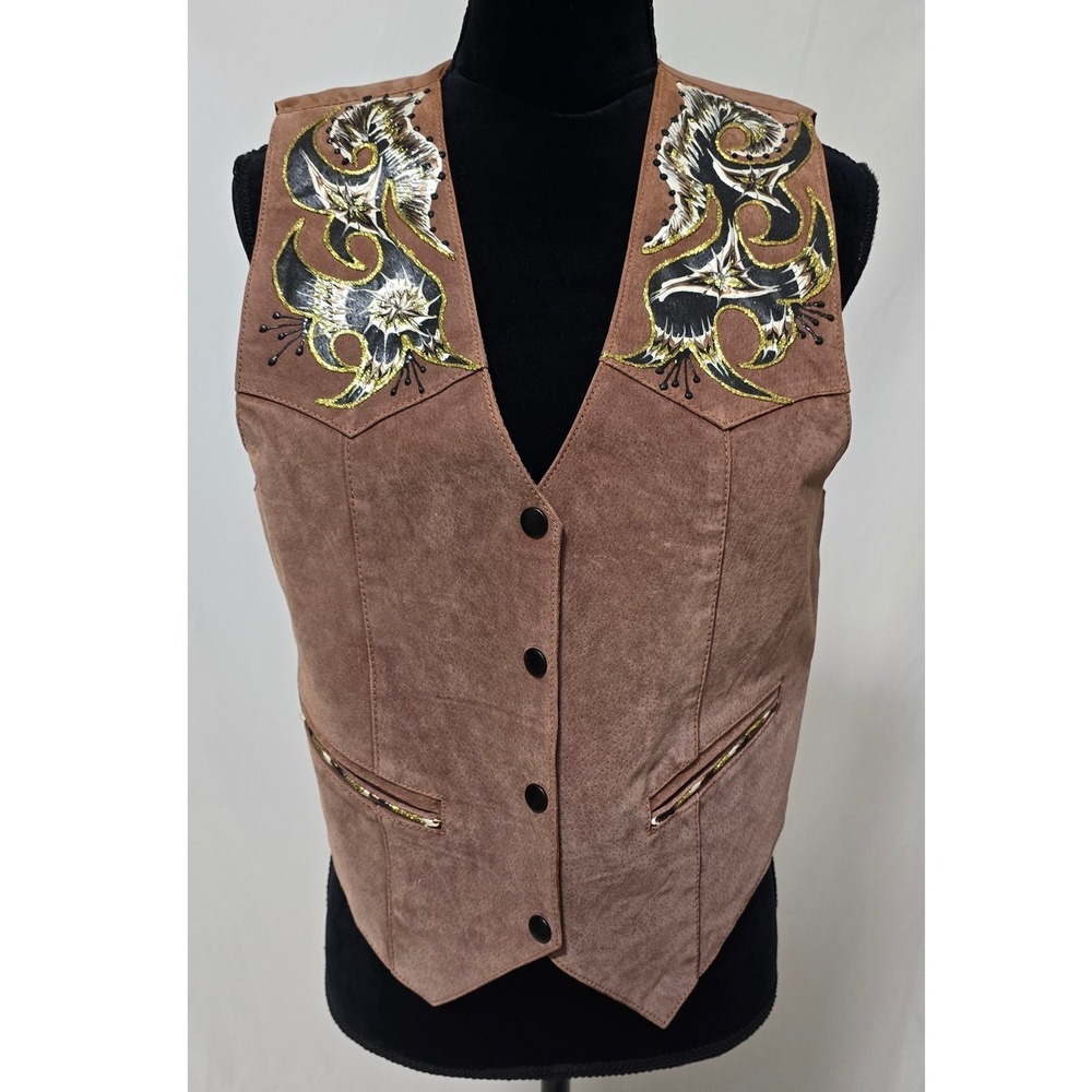 Vtg Learsi women M leather vest western cowgirl rugged rodeo